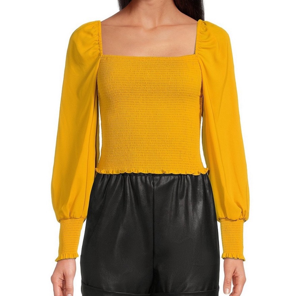 Angel Square Neck Long Balloon Sleeve Cropped Smocked Blouse